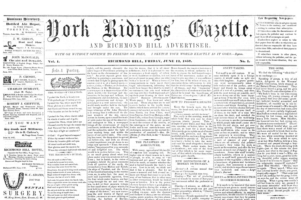 A portion of the front page of the York Ridings' Gazette and Richmond Hill Advertiser from Friday, June 12, 1857 (courtesy Richmond Hill Public Library)
