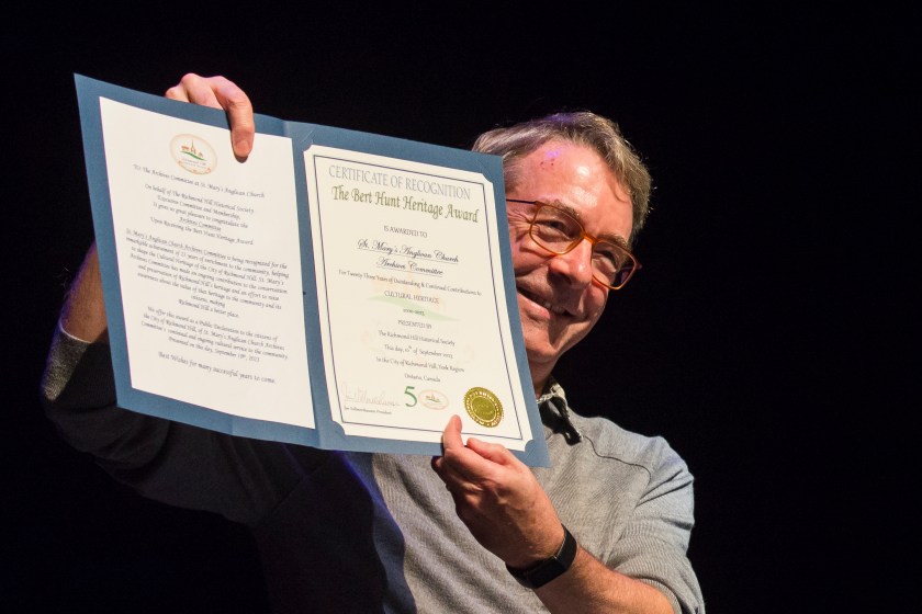 David Hunt of the Archives Committee displays the 2023 Bert Hunt Heritage Award during the presentation on September 10, 2023. (photograph by Chris Robart)